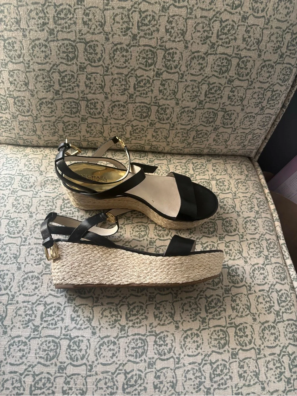 MICHAEL Michael Kors Black Leather Espadrille Wedge Sandals